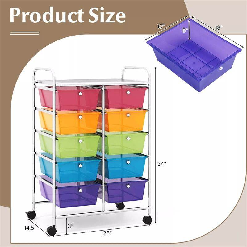 10 Drawer Rolling Cart, Storage Cart Organizer with Wheels, Mobile Utility Cart for Classroom, Office, Home, Craft, Art, Paper, Salon