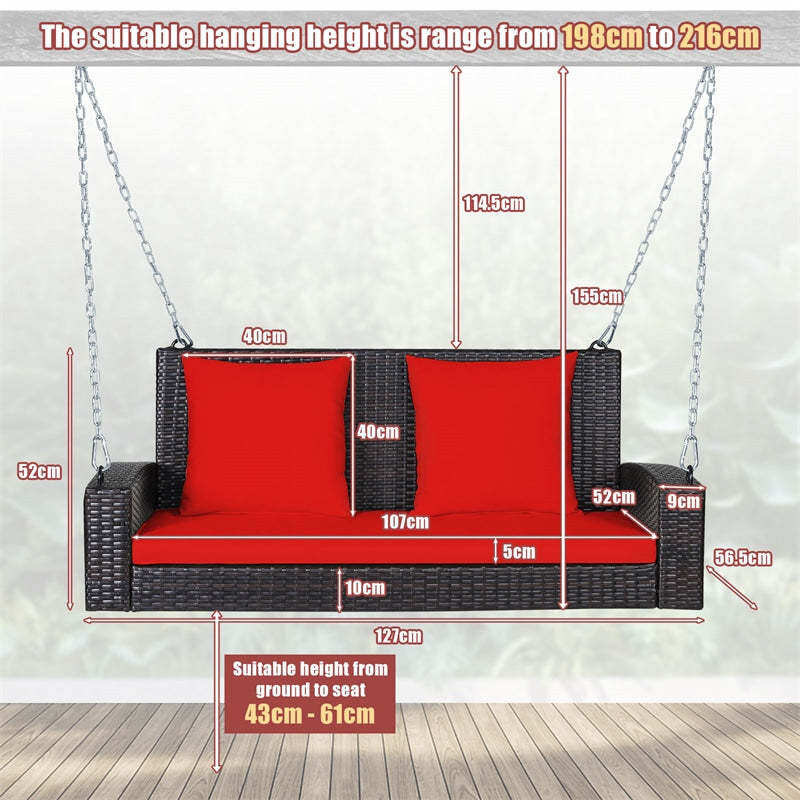 2-Person Wicker Patio Swing Bench with Removable Cushions & Reinforced Steel Chain, 800lbs Capacity Rattan Porch Swing for Backyard, Garden