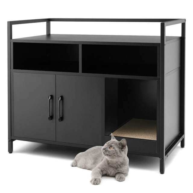 Large Cat Litter Box Enclosure 2-Door Wood Hidden Cat Washroom Furniture with Winding Entry, Scratcher & 2 Compartments