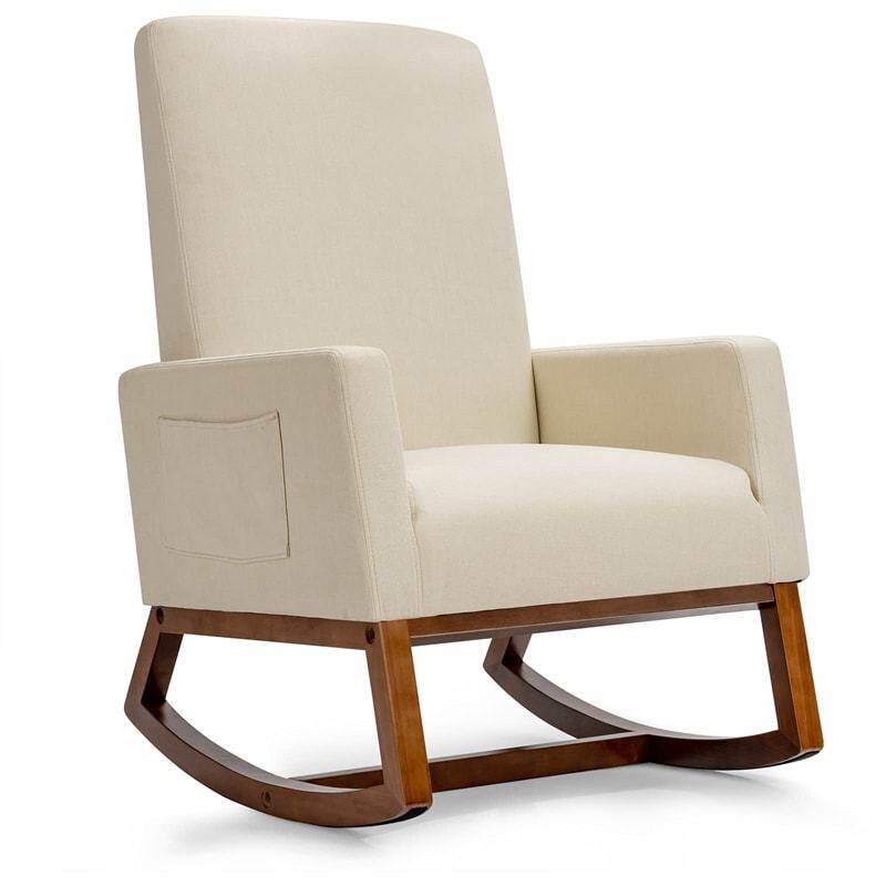Upholstered Rocking Chair, Mid-Century Modern Fabric Rocker with Wood Base & Side Pocket, High Back Accent Chair for Nursery, Living Room