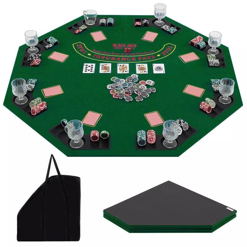 48" Folding Poker Table Top, 8-Player Portable Casino Card Game Top with Cup Holders, Chip Trays, Carrying Bag & Non-Slip Bottom for Family Fun