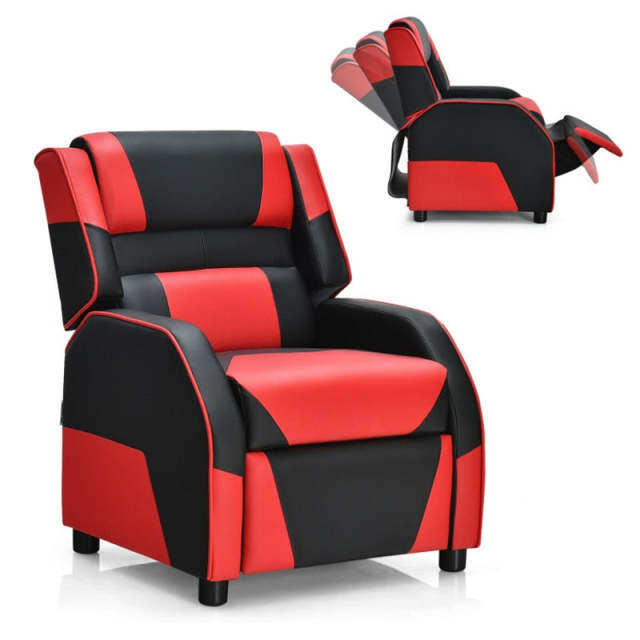 Kids Recliner Chair, Adjustable Gaming Recliner with Footrest, Headrest & Lumbar Support, Ergonomic PU Leather Lounge Sofa for Boys & Girls