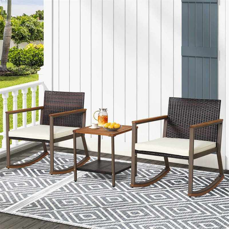 3-Piece Rattan Rocking Bistro Set w/ Cushions, Acacia Wood Top Coffee Table & Storage Shelf, Patio Conversation Set for Balcony, Porch, Poolside