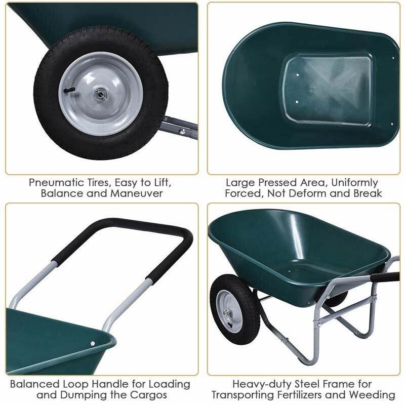 Dual-Wheel Wheelbarrow, 330lb Capacity Heavy Duty Garden Cart with Pneumatic Tires & Easy-Dump for Lawn, Farm & Construction