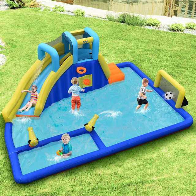 Inflatable Water Slide 6-in-1 Kids Giant Waterslide Park with Dual Water Cannons, Soccer Goal, Splash Pool, Climbing Wall & 735W Air Blower
