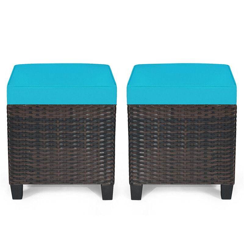 2 Pieces Rattan Patio Ottomans All Weather Outdoor Wicker Ottomans Footstools Footrests with Removable Cushions