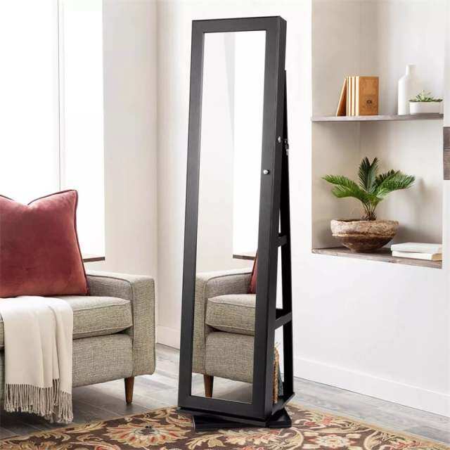 360° Swivel Jewelry Cabinet Armoire with Full Length Mirror & Rear Storage Shelves, Standing Lockable Jewelry Organizer Inside Makeup Mirror