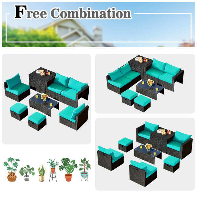 8PCS Wicker Outdoor Sectional Set, Patio Rattan Furniture Set with Storage Box, Coffee Table, Sofas, Ottomans, Cushions & Waterproof Cover