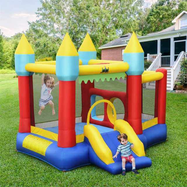 Inflatable Bounce House with Slide, Jump Area, Ball Pool, Tunnels & 480W Blower Blow-up Jumping Castle for Kids Indoor Outdoor Party Family Fun