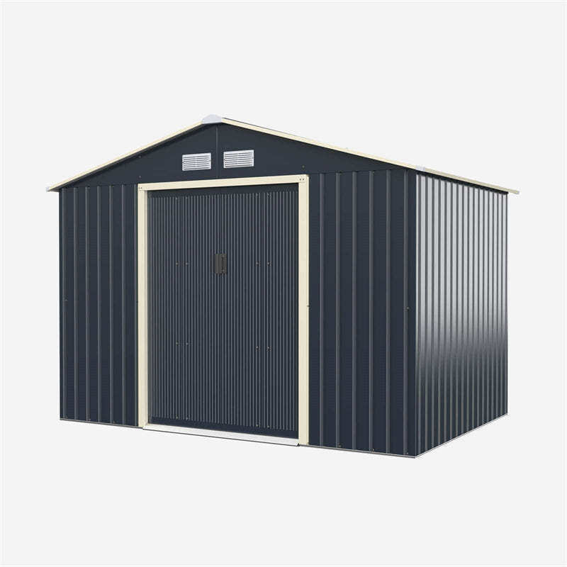 9’ x 6’ Large Outdoor Metal Storage Shed, Galvanized Steel Garden Shed Tool House Backyard Storage Cabinet with 4 Vents & Lockable Double Sliding Door