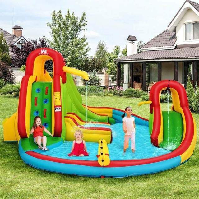 Inflatable Water Slide, 7 in 1 Kids Mega Dual Racing Slide Water Park w/480W Blower, Large Splash Pool, Climbing Wall & Water Cannon for Backyard Fun