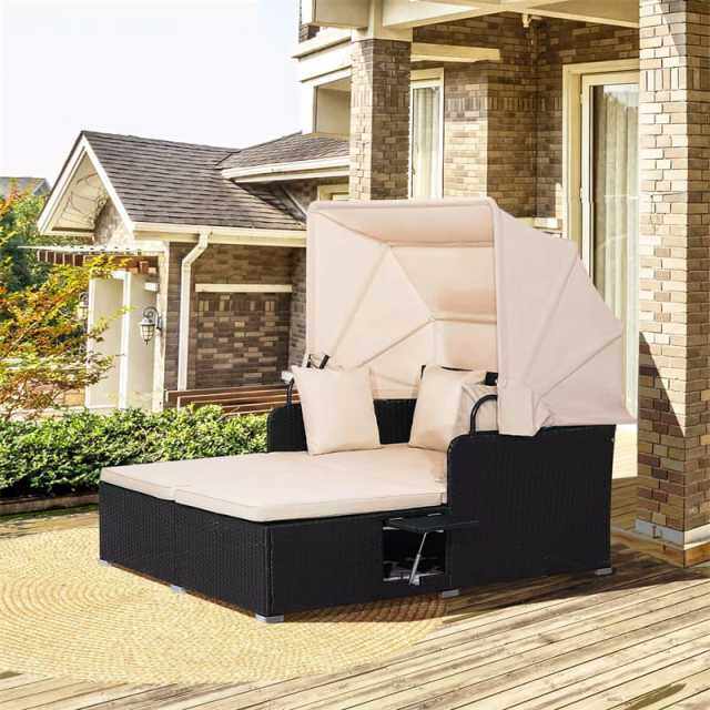 Outdoor Wicker Daybed, Hand-Woven Rattan Daybed with Retractable Canopy, 2 Side Tables, Soft Cushions, Chaise Loveseat for Garden Backyard