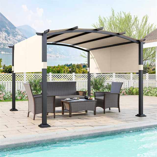 10' x 10' Outdoor Pergola with Retractable Sun Shade Canopy, Metal Frame Patio Pergola Extra Large Shelter Pavilion w/ Anchored Plates