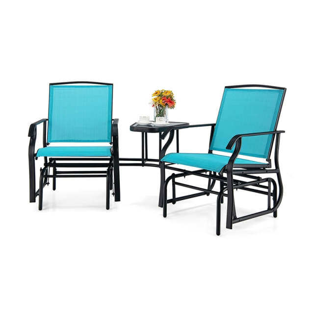 Bestoutdor Double Glider Chairs with Glass Table & Umbrella Hole, Steel Frame Patio 2-Person Rocking Chairs Breathable Fabric