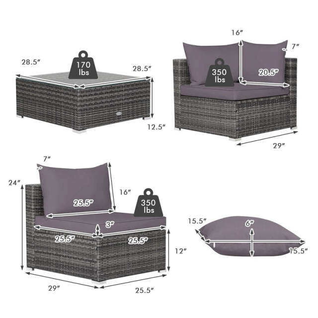 7PCS PE Rattan Modular Outdoor Sectional Set with Tempered Glass Top Table & Cushions, Patio Sofa Furniture for Backyard, Poolside Garden