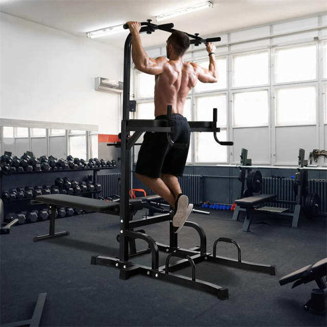 Adjustable Power Tower with Foldable Weight Bench, Multi-Function Pull-Up Bar Dip Station, Heavy Duty Full Body Workout Machine for Home Gym