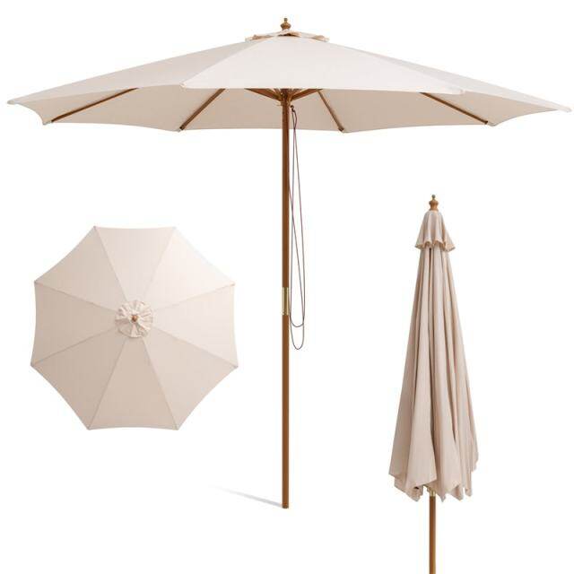 10FT Wooden Patio Umbrella with Rope Pulley Lift, 3 Height Adjustments, 8 Bamboo Ribs, Vented Roof Outdoor Table Umbrella for Poolside, Backyard