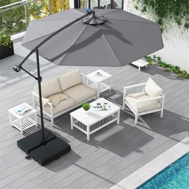 10FT Solar Offset Patio Umbrella, Hanging Cantilever Umbrella with 32 LED Lights, Adjustable Tilt, Sand Bag Base for Garden, Poolside, Yard