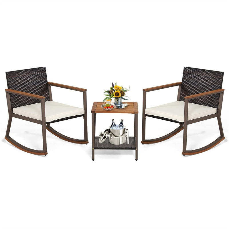 3-Piece Rattan Rocking Bistro Set w/ Cushions, Acacia Wood Top Coffee Table & Storage Shelf, Patio Conversation Set for Balcony, Porch, Poolside
