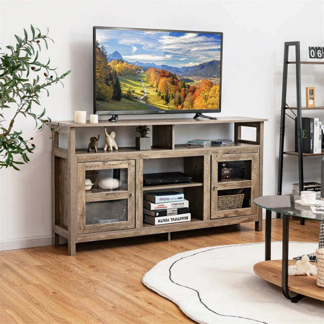 58" Fireplace TV Stand for TVs up to 65", Farmhouse Wood Media Console with 2 Cabinets & 4 Shelves, Entertainment Center for 18" Fireplace