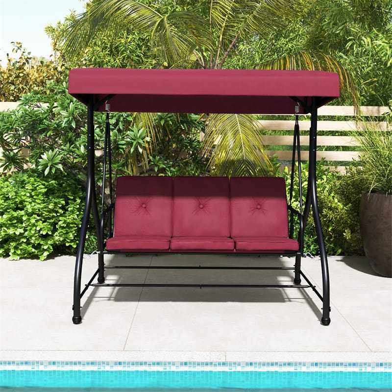 2-in-1 Convertible Patio Swing with Adjustable Canopy & Removable Cushions, Steel Frame 3-Person Outdoor Swing Bed for Deck/Backyard/Garden