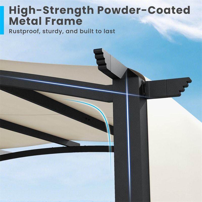 10' x 10' Outdoor Pergola with Retractable Sun Shade Canopy, Metal Frame Patio Pergola Extra Large Shelter Pavilion w/ Anchored Plates