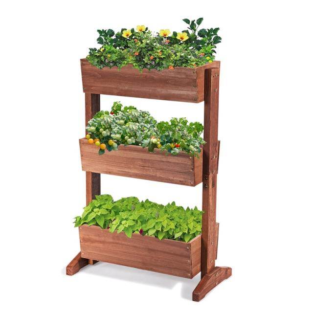 3-Tier Wooden Vertical Raised Garden Bed, Freestanding Tiltable Elevated Planter with 3 Drainage Boxes, Fir Wood Flower Rack for Vegetables & Herbs