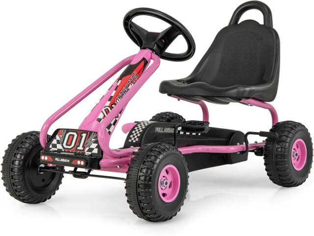 Kids Pedal Go Kart, 4-Wheel Pedal Powered Go Kart with Adjustable Seat, Steering Wheel & Safety Handbrake, Off-Road Go Kart for Boys & Girls