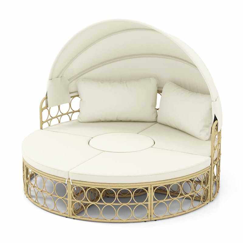 Outdoor Patio Round Daybed with Retractable Canopy, PE Rattan Wicker Sectional Seating Furniture with Soft Cushions & Pillows for Garden Yard