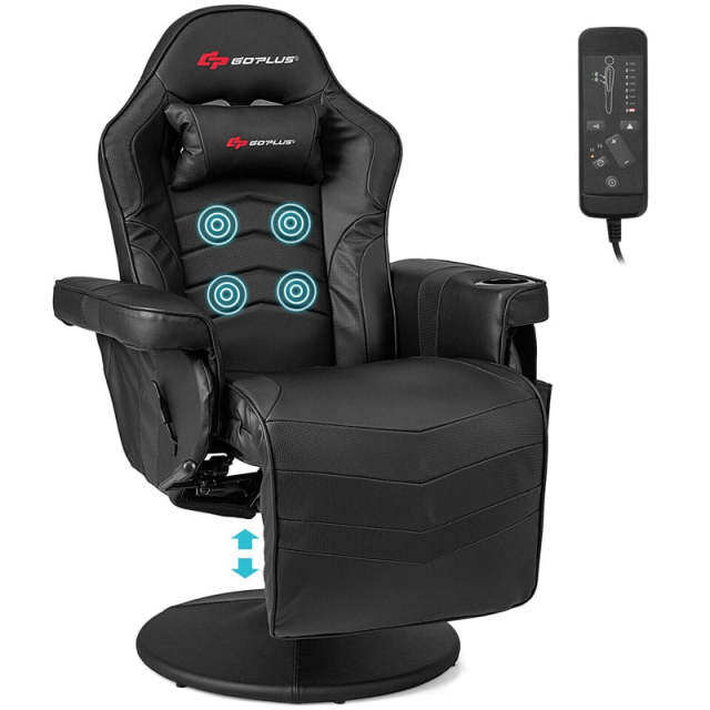 Gaming Recliner Adjustable Height Massage Gaming Chair with Retractable Footrest & Cup Holder, Ergonomic Swivel Video Game Chair Recliner Sofa