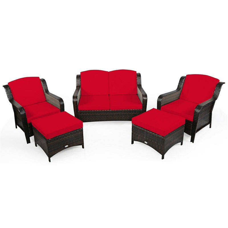 5 Piece Patio Rattan Furniture Set with Loveseat, 2 Cushioned Chairs & 2 Ottomans, Outdoor Wicker Conversation Set for Backyard, Balcony