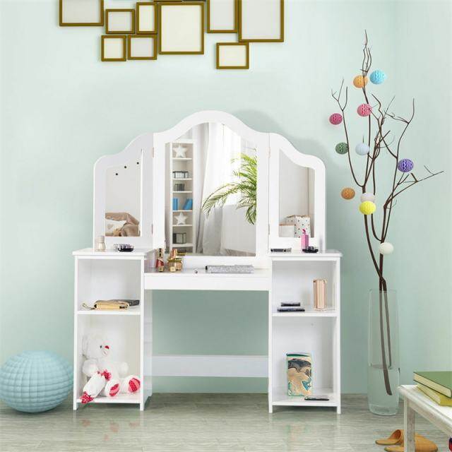 Kids Makeup Vanity Table, 2-in-1 Princess Dressing Table with Tri-folding Detachable Mirror & Storage Shelves, Pretend Play Girls Study Desk