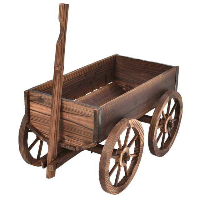 Wood Wagon Flower Planter Pot Stand with Wheels & Drainage Holes, Wagon Garden Planter for Plants & Outdoor Home Decor