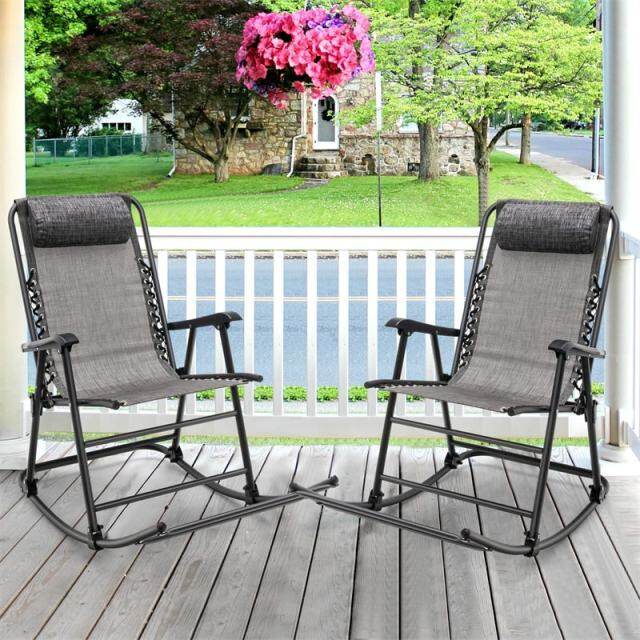 2PCS Folding Zero Gravity Rocking Chairs, High Back Outdoor Camping Rockers with Pillows, Armrests & Footrests, Portable Patio Lawn Chairs