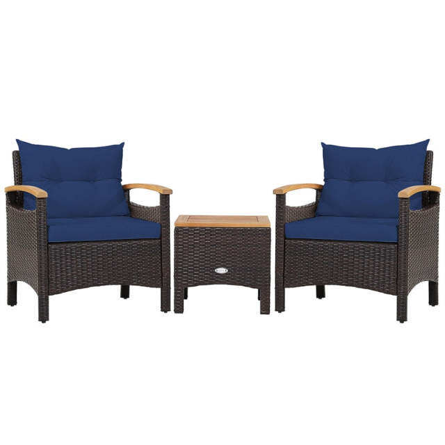 3PCS Patio Rattan Conversation Set Wicker Furniture Set with Cushioned Chairs, Acacia Wood Armrest & Table Top
