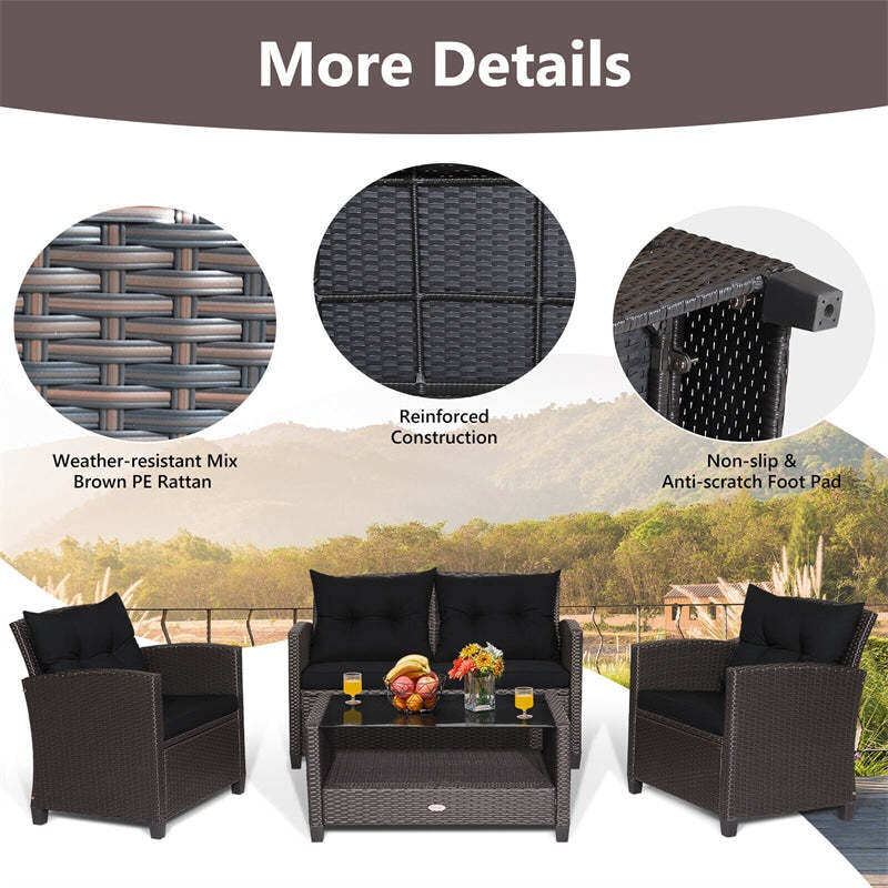 4 Piece Outdoor Rattan Furniture Set, Patio Conversation Set with Lower Shelf Coffee Table, Loveseat, 2 Cushioned Chairs for Garden Backyard