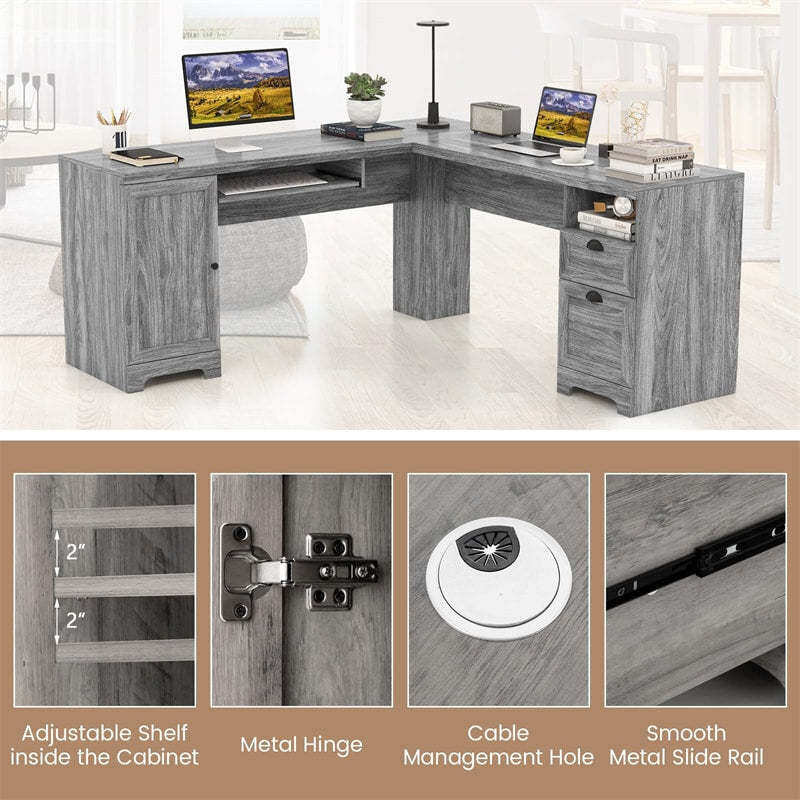 66" L-Shaped Office Desk, Modern Executive Corner Computer Desk with Power Outlets, Storage, Adjustable Shelf, Keyboard Tray for Working Writing