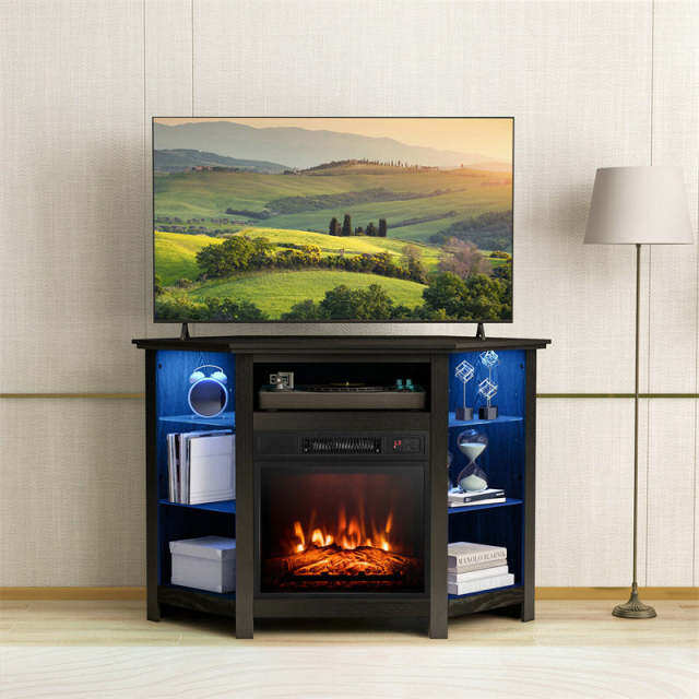 45" Corner Fireplace TV Stand for 50" TVs, Modern Fireplace Entertainment Center with 16-Color LED Lights, Smart APP Control, Adjustable Shelves