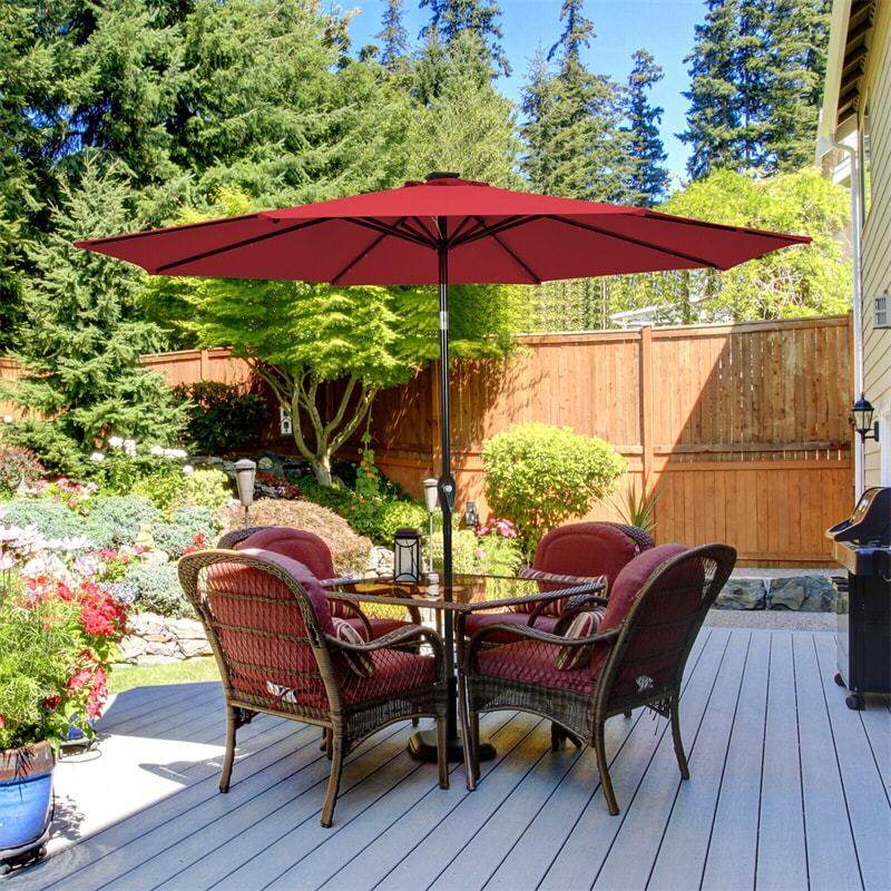 10FT Solar LED Patio Umbrella, Outdoor Steel Market Umbrella with 24 Lights, Crank & Tilt Adjustment for Backyard, Poolside, Garden