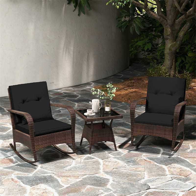3-Piece PE Rattan Rocking Bistro Set with Removable Cushions & Tempered Glass Table, Outdoor Patio Furniture Set for Porch, Poolside, Backyard