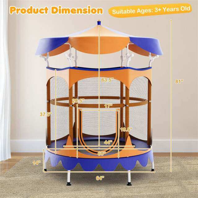 64" Mini Kids Trampoline, ASTM Approved Toddler Trampoline with Detachable Canopy, Safety Enclosure Net & Handrail for Indoor Outdoor Use