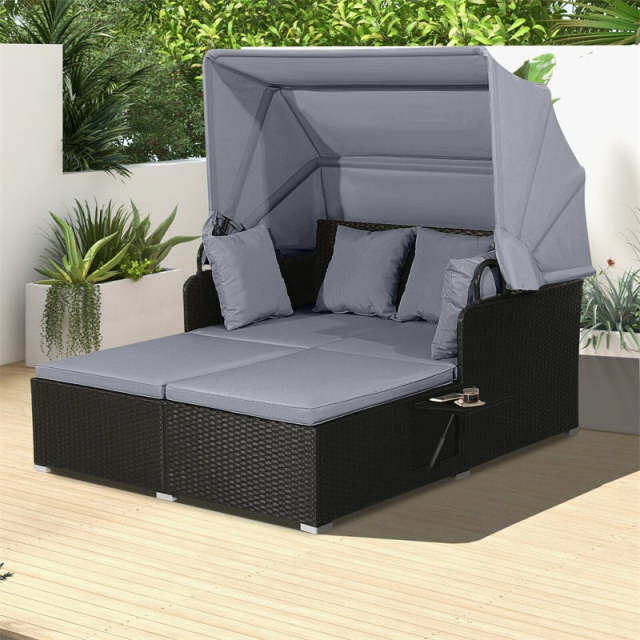 Outdoor Wicker Daybed, Hand-Woven Rattan Daybed with Retractable Canopy, 2 Side Tables, Soft Cushions, Chaise Loveseat for Garden Backyard