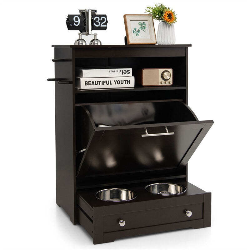 Pet Feeder Station, Dog Food Storage Cabinet with 2 Pull-out Dog Bowls for Watering & Feeding Supplies, Pet Feeder Toy Leashes Organizer