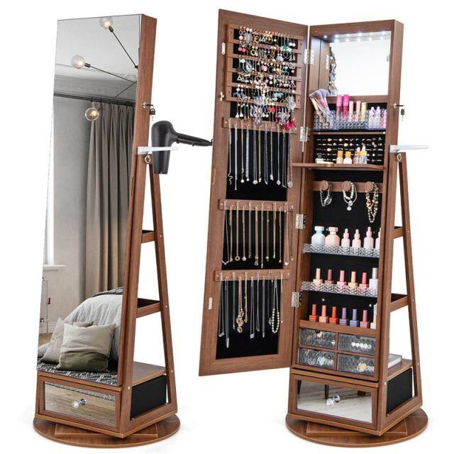 360° Swivel Jewelry Cabinet Armoire, Full-Length Mirror with LED Lockable Jewelry Organizer, Hairdryer Holder, Drawer, Rear Storage Shelves