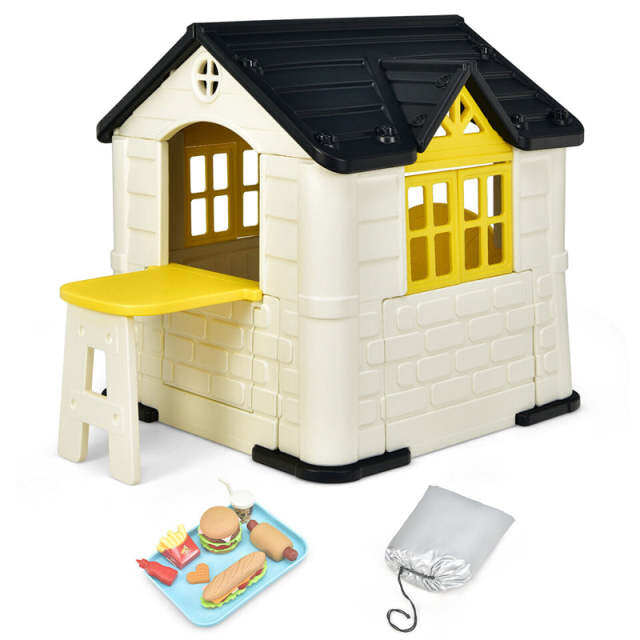 Kids Playhouse, Cottage Pretend Play House with 7PCS Toy Set, Picnic Table & Waterproof Cover for Indoor Outdoor, Boys & Girls Gifts