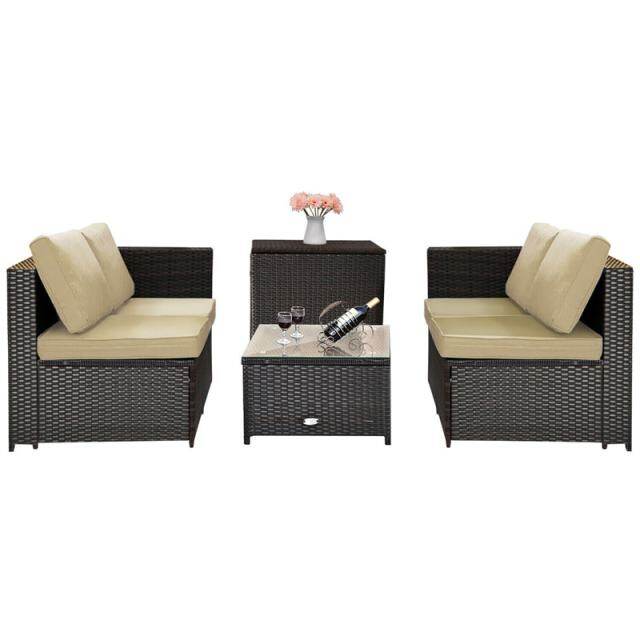 4 Piece Rattan Patio Conversation Furniture Set with Loveseat, Storage Box, Glass Top Coffee Table & Waterproof Cover for Garden, Poolside