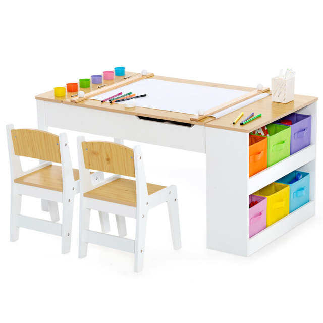 3-in-1 Kids Table & Chair Set, Wood Art Table & Easel with 2 Chairs, 6 Storage Bins, Paper Roller & Paint Cups, Toddler Crafts Table Chair Set