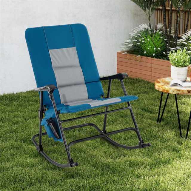 Oversized Folding Rocking Chair with Padded Seat & Metal Frame, Portable Patio Lounge Rocker for Camping, Backyard, 500 lbs Capacity