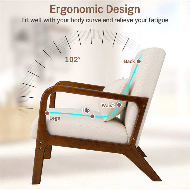Modern Accent Chair, Upholstered Leisure Armchair with Lumbar Pillow, Rubber Wood Frame, Soft Padded Cushion for Living Room, Bedroom, Office
