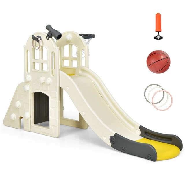 6-in-1 Large Slide for Kids, Toddler Climber Slide Playset with Basketball Hoop, Ring Toss, Freestanding for Indoor & Outdoor Use